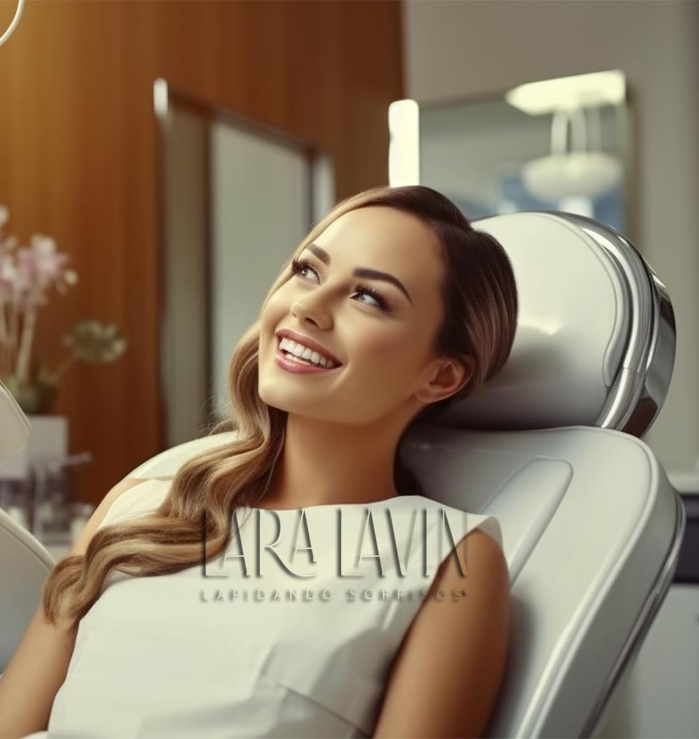 Paciente na cadeira odontológica no consultório da Dra. Lara Lavin, no Itaim Bibi